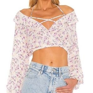 Majorelle Cecilia Crop Top M Floral Print White Ruffle Tie Front Long Sleeve